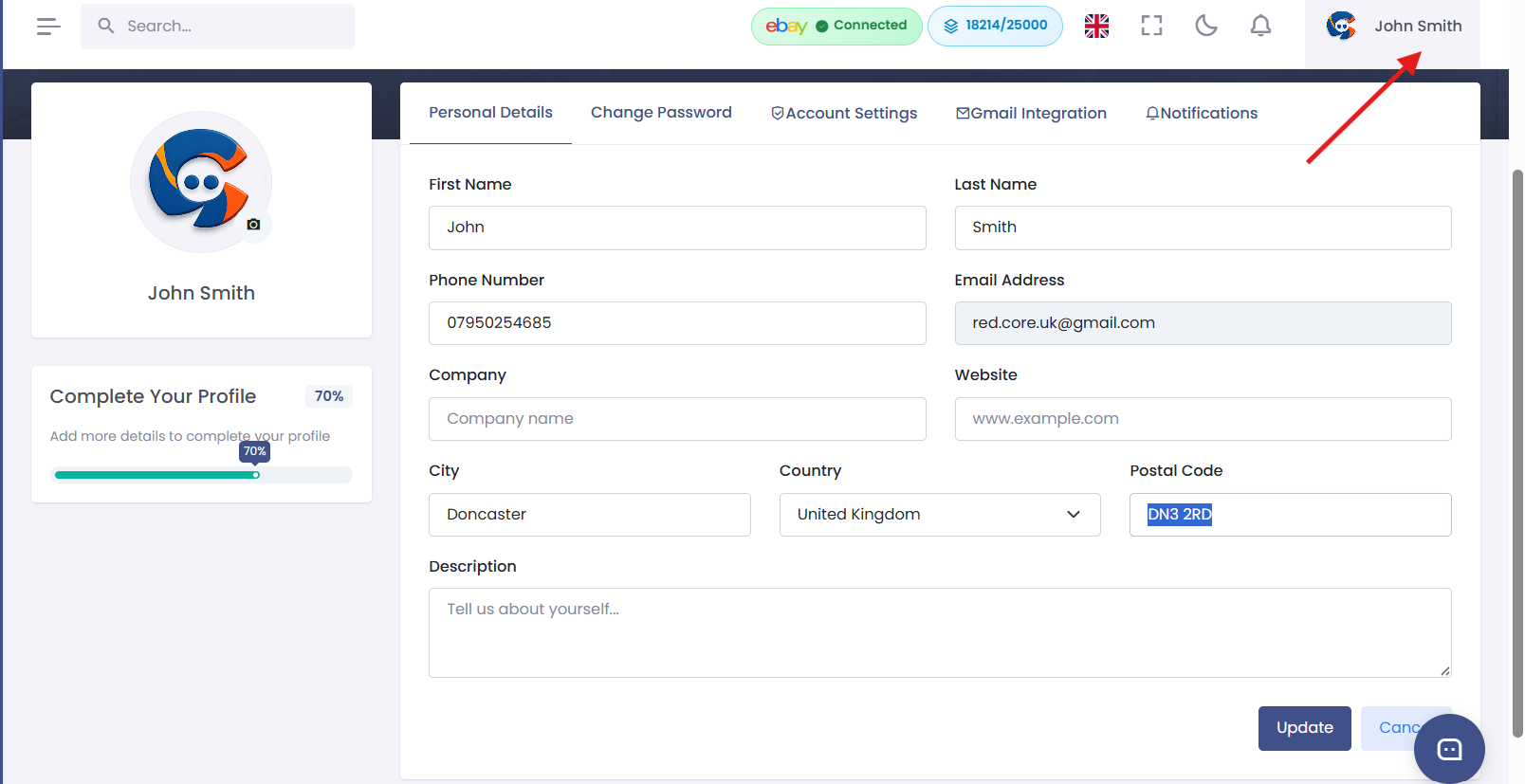 Account settings page