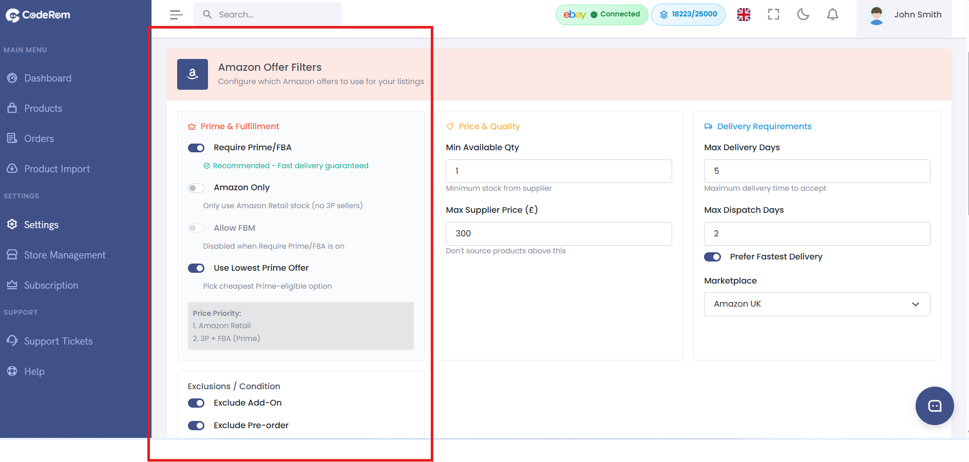 Seller type filter settings