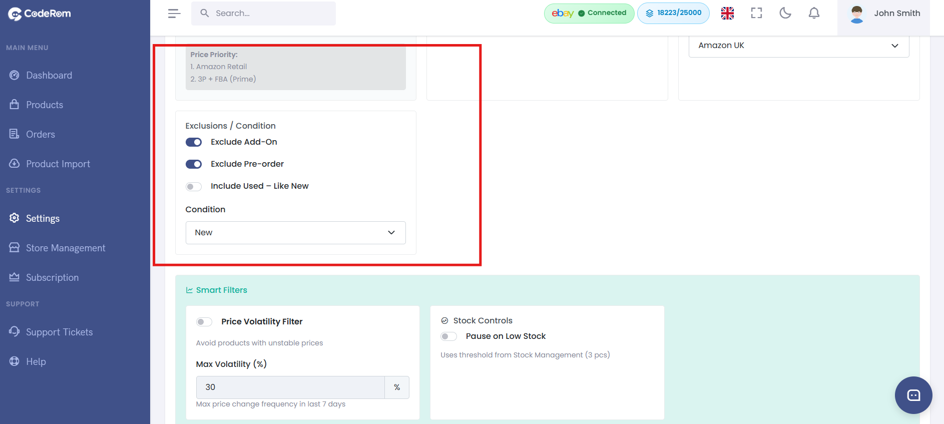 Condition filter settings