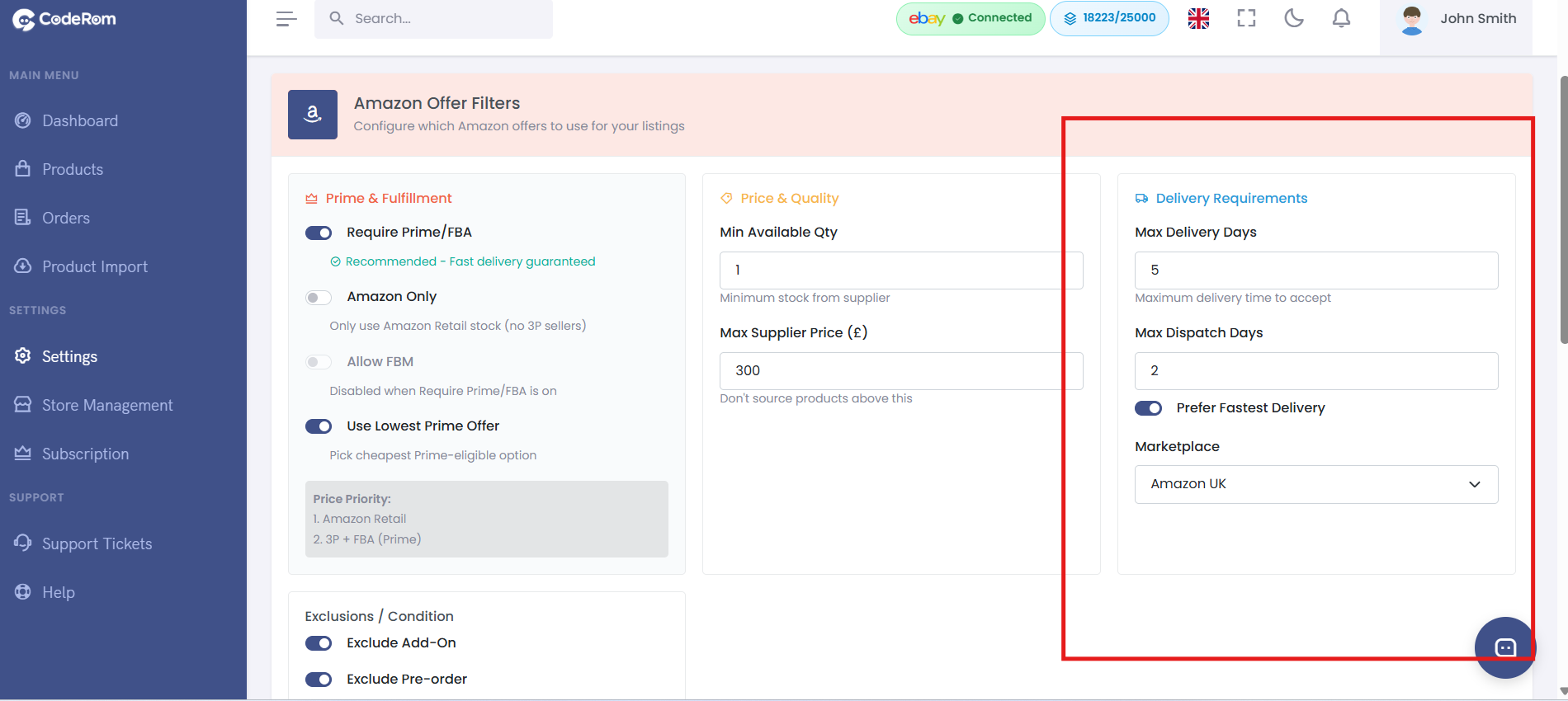 Delivery and Prime filter settings