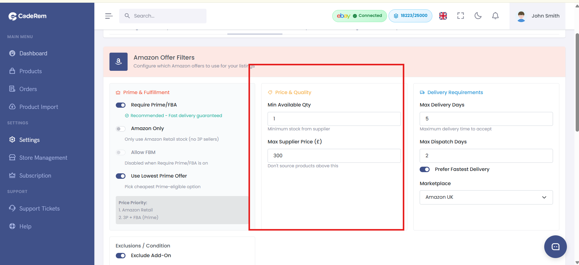 Price filter settings