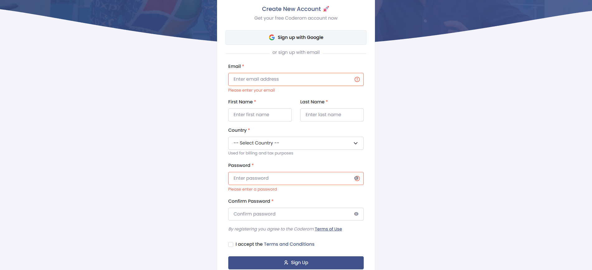 Coderom sign up page