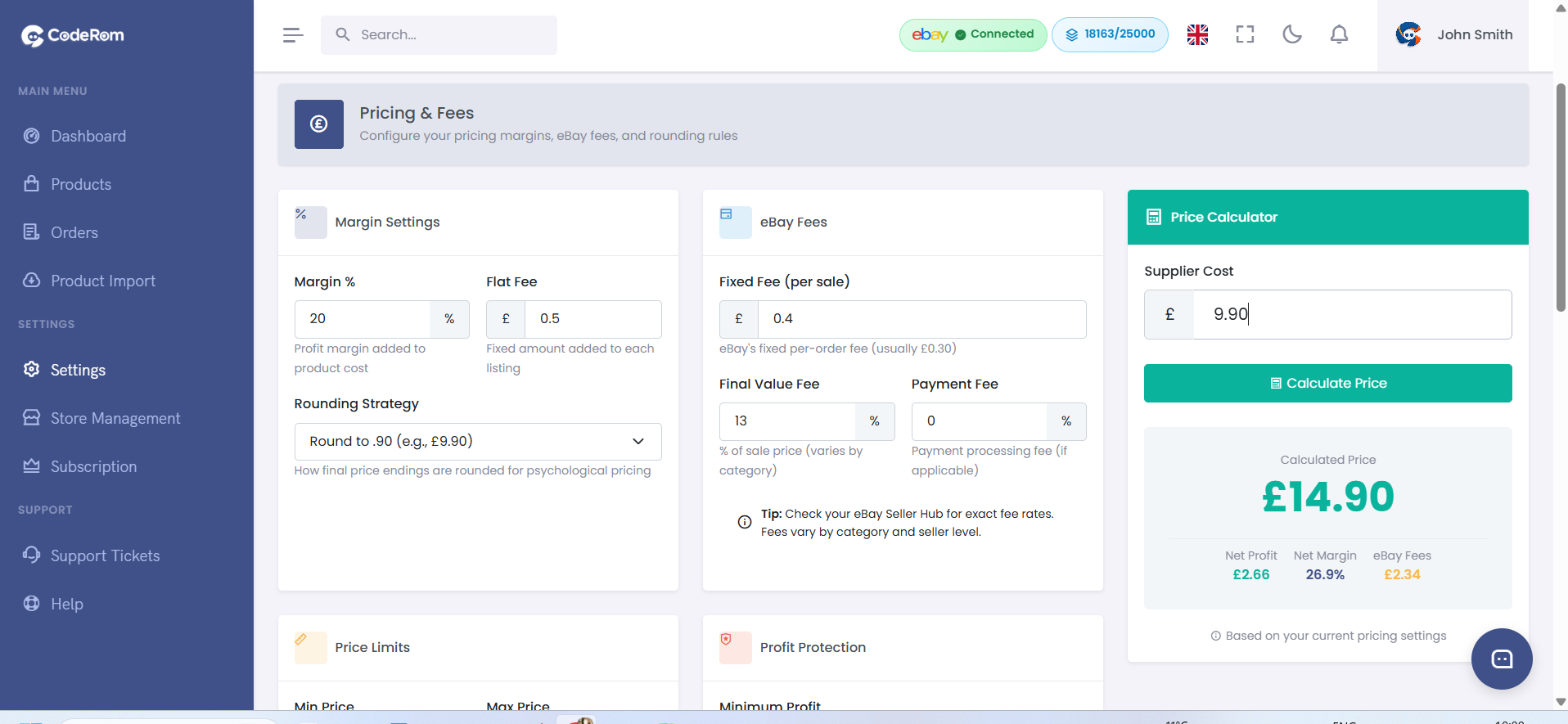 Coderom settings page