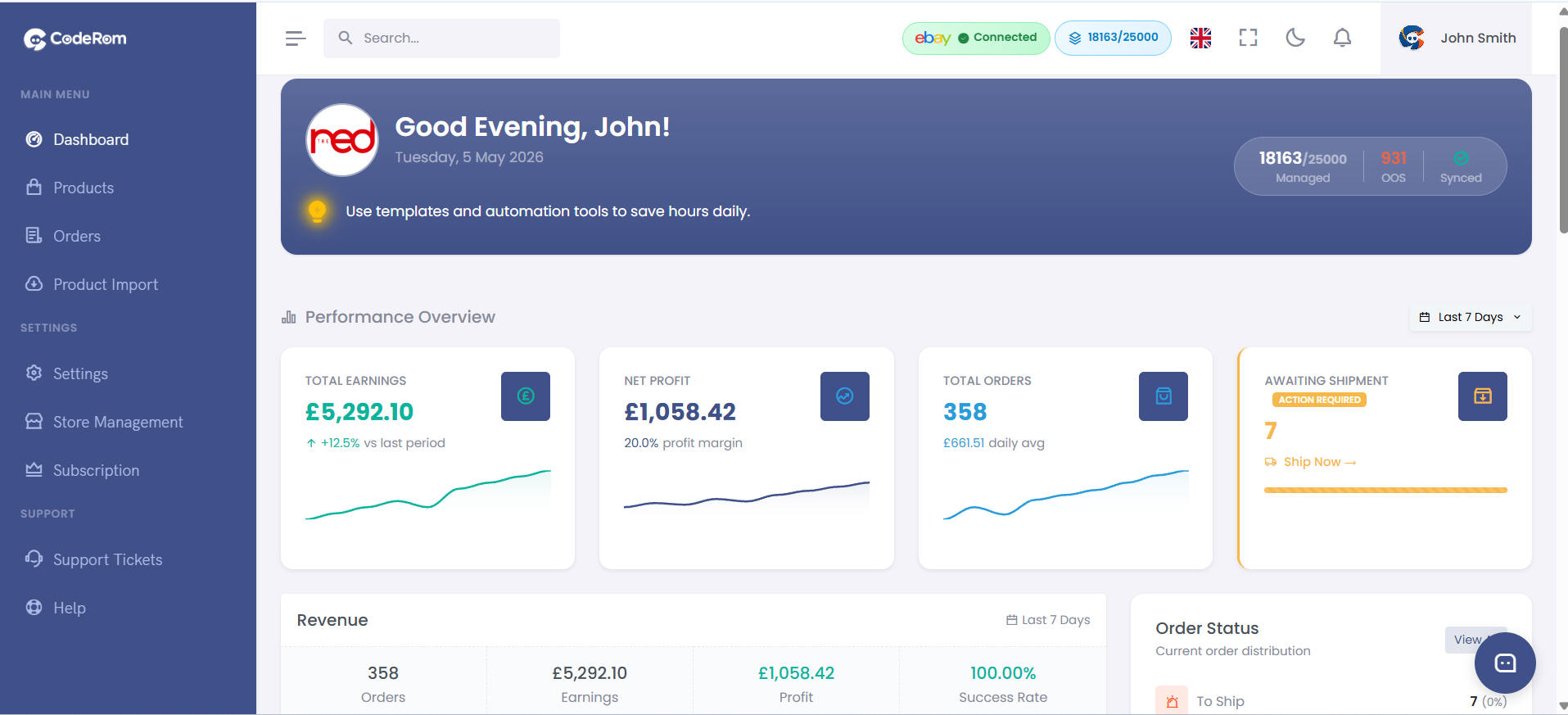 Coderom dashboard with live listings