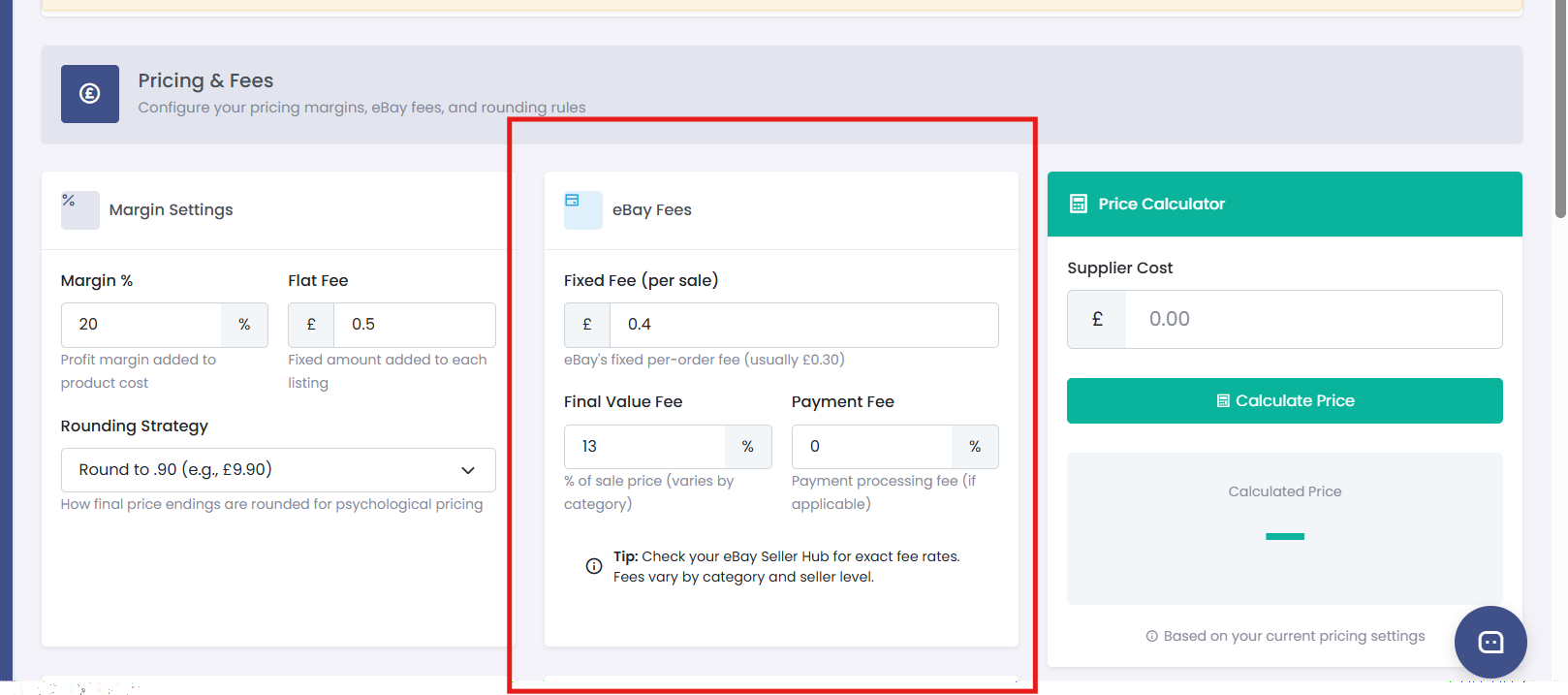 eBay fees configuration