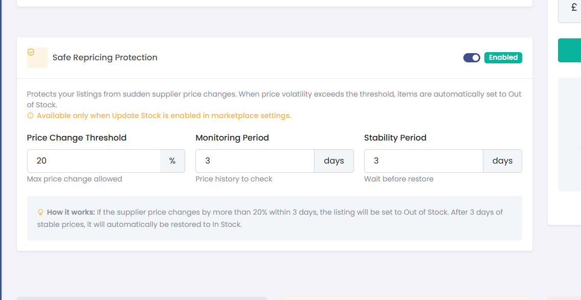 Repricing schedule settings