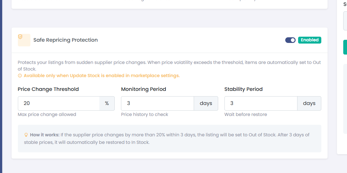 Enable safe repricing settings