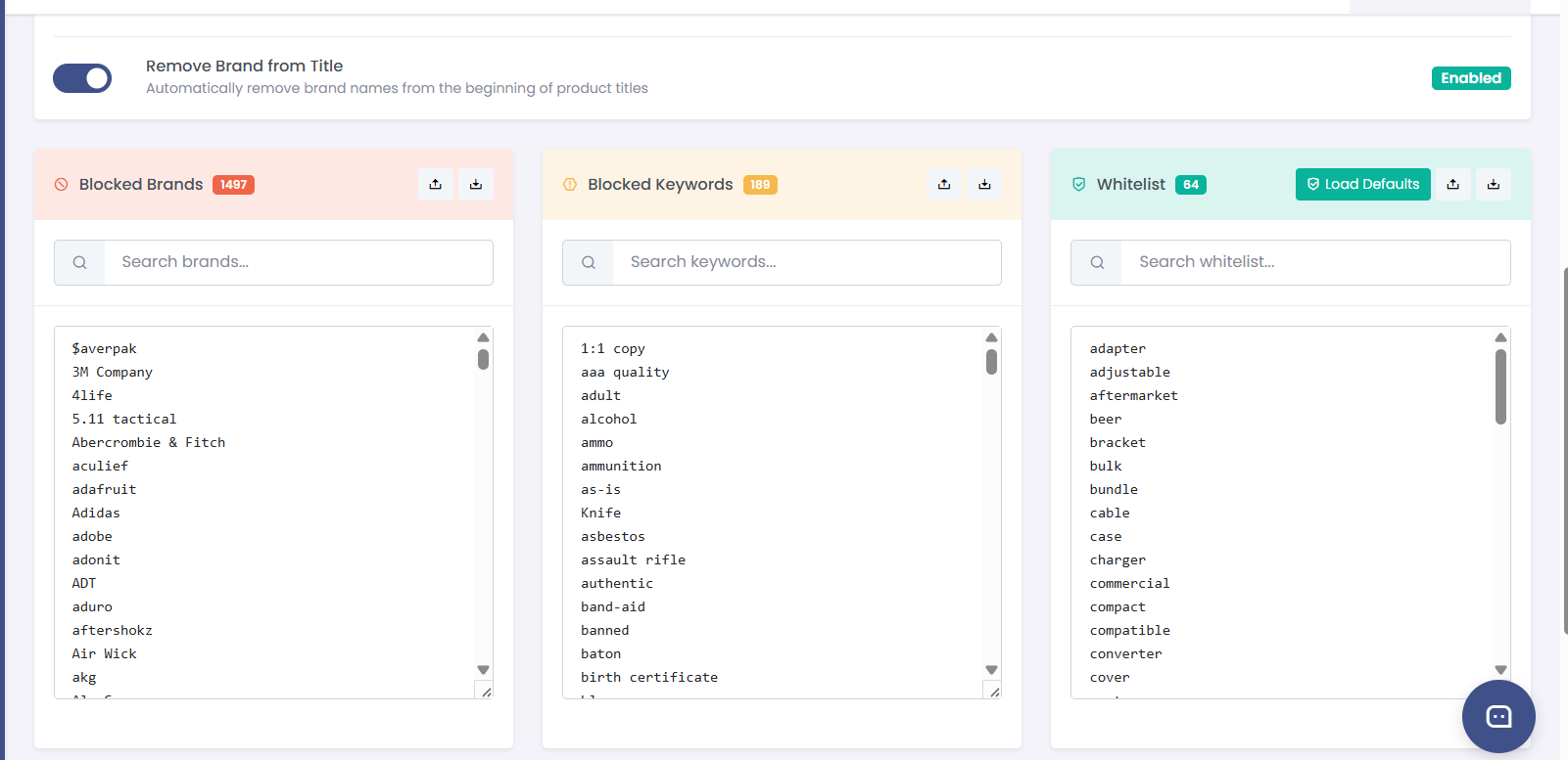 Blocked Keywords panel