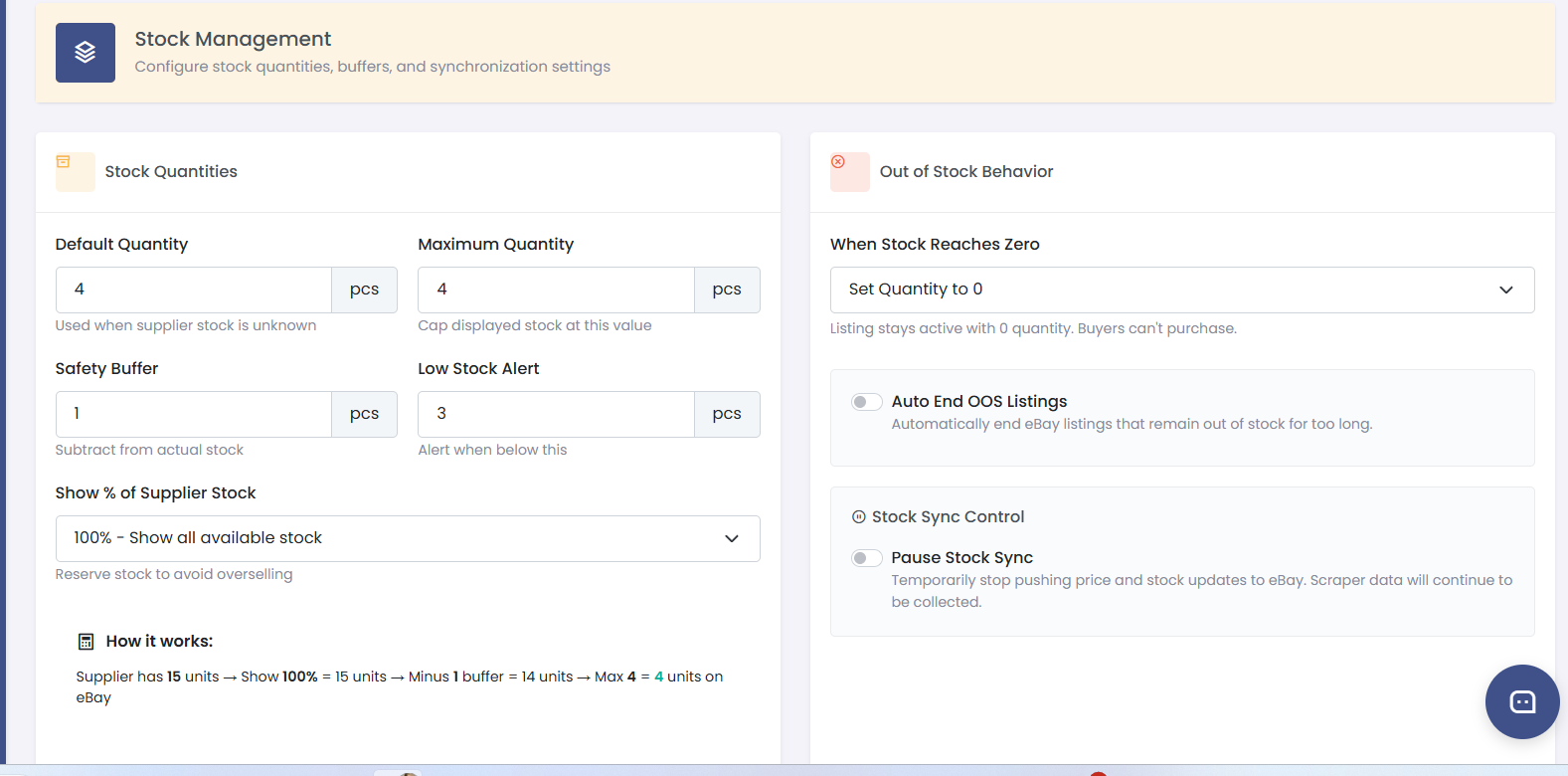 Stock quantity settings